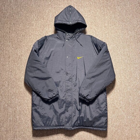 Vintage 90s Nike Dark Grey Navy Yellow Coach Puffer Long Jacket Large Zip Hood - Picture 2 of 12